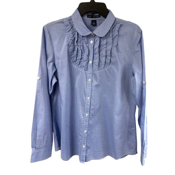 GAP Chambray Blue Cotton Ruffle Roll Tab Button Up Shirt - Picture 1 of 7